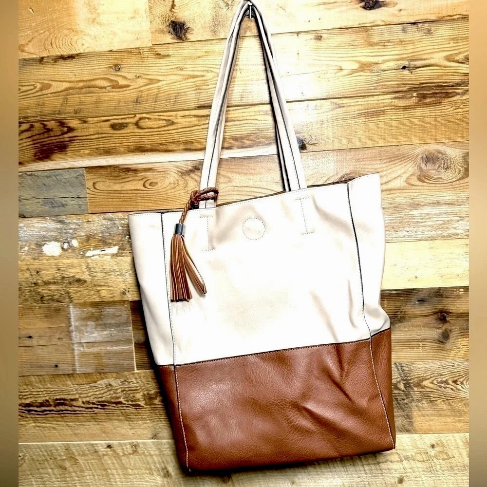 Seven Days Vegan leather tote cream brown laptop shoulder bag office carryall
